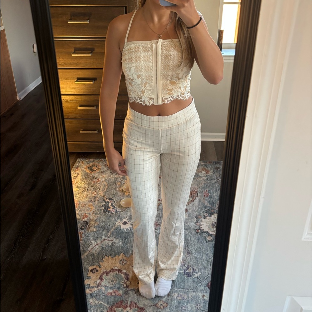 Crosby Cream/Tan Plaid Flare Pants